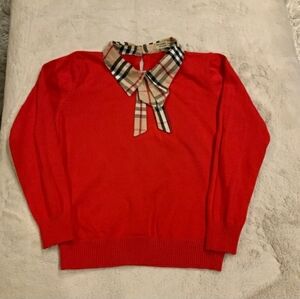 Burberry Red Sweater XS Nova Check Collar Bow Preppy Classic Luxury Knit